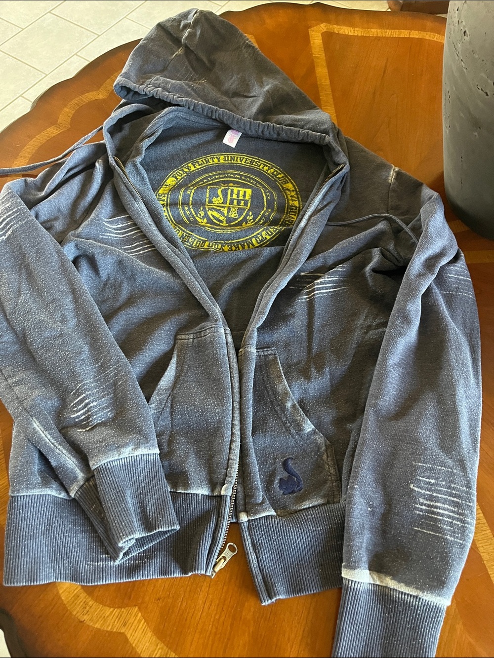 flirtitude Women's Washed Blue Zip-Up Hoodie with Yellow Crest